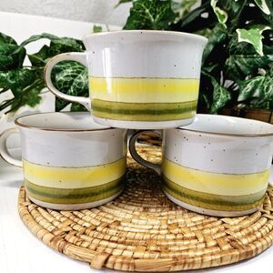 Vintage Stoneware Sunrise Set 3 Yellow Green Speckled Glaze Mug Coffee Tea Soup